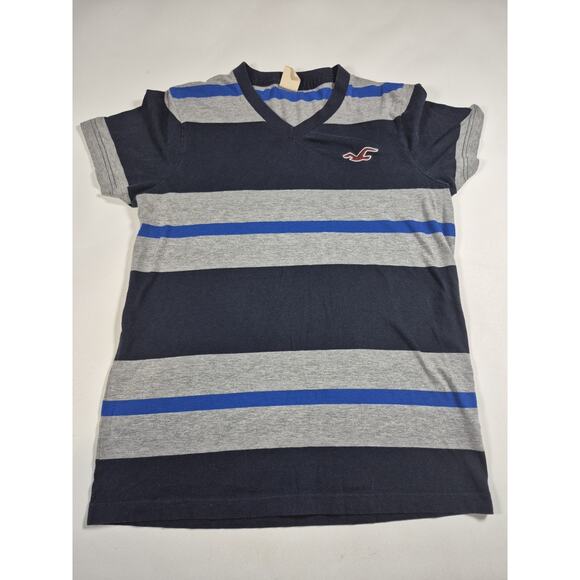 HOLLISTER NAVY BLUE GRAY STRIPED V NECK MENS TEE SHIRT SIZE M - Picture 1 of 3